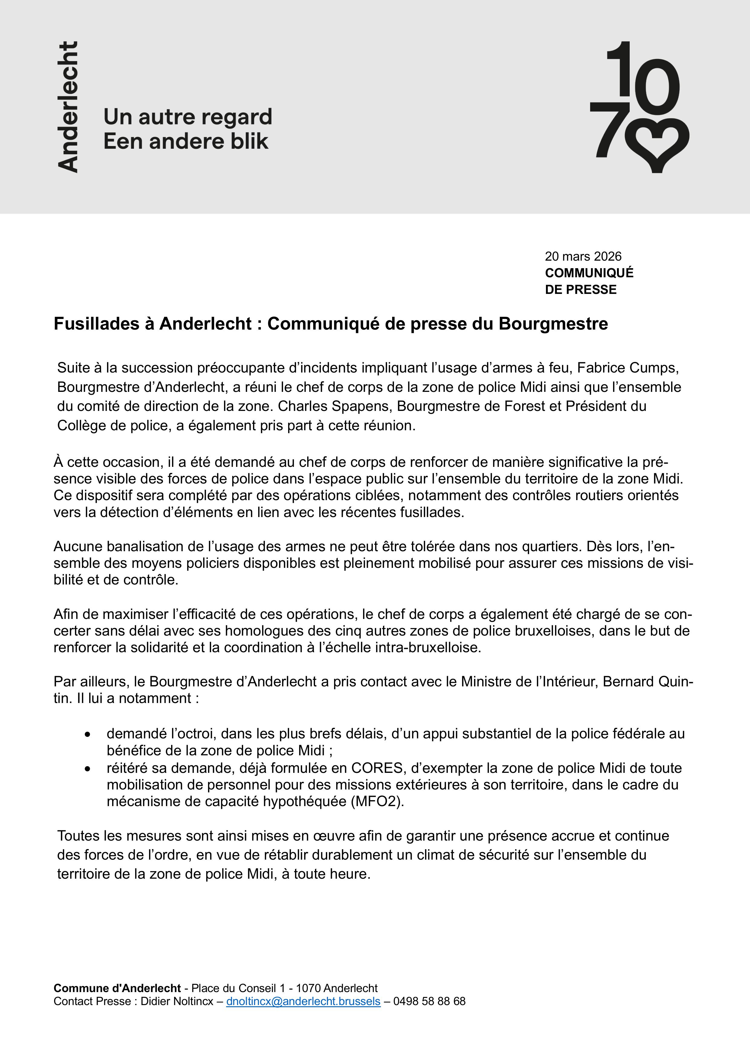 Fusillades à Anderlecht : Communiqué de presse du Bourgmestre